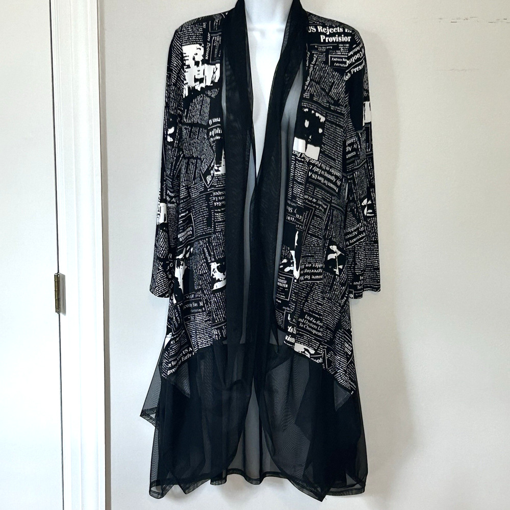 IC by Connie K Jacket M Newsprint Black Tulle Long Art To Wear Open Topper Flowy